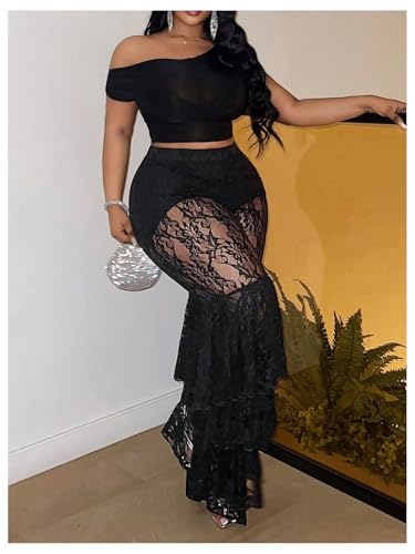 Women's Plus Size Lace Layered Ruffle Pants Sheer Mesh Tiered Party Skinny Leggings Rave Trousers2