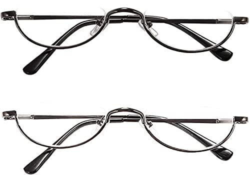 REAVEE 2 Pack Half Lens Reading Glasses Men Women Spring Hinge Metal Half Frame Readers Slim Half Moon Eyeglasses with Pouch,Black and Gun Grey 1.5