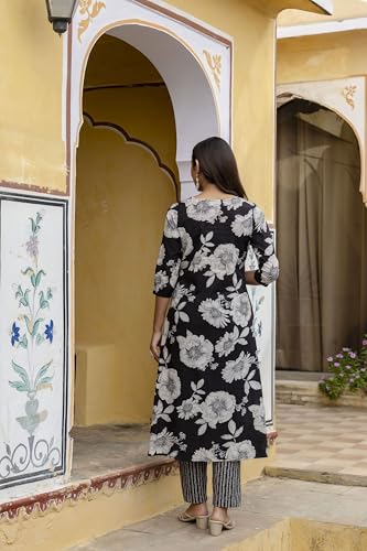 Image of NIVANA Floral Printed Kurta with Pant & Stripe Printed Dupatta | 3 /4 Sleeves | Round Notch Neck Button Detail