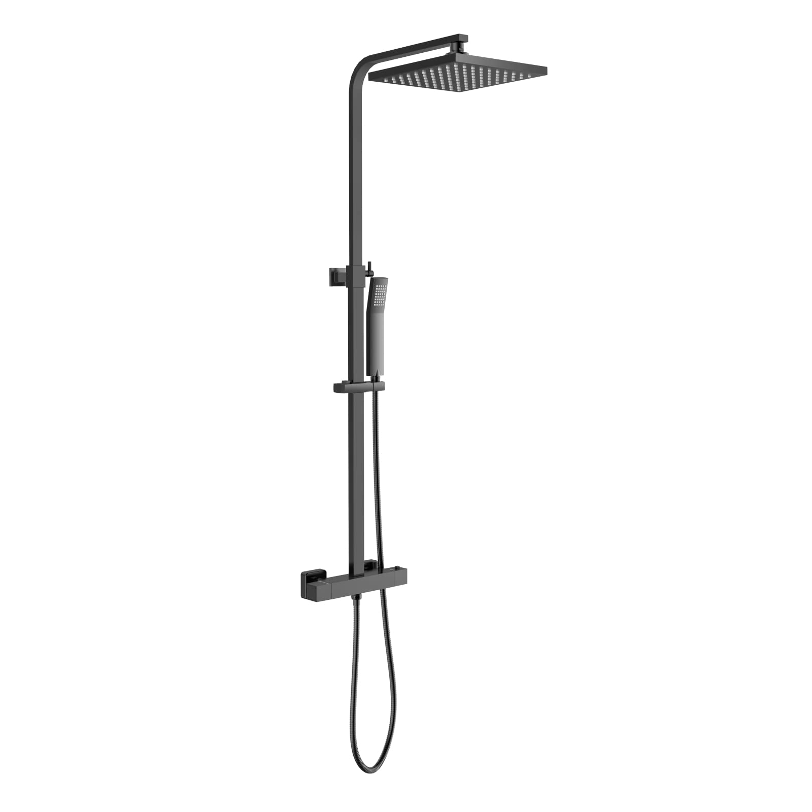 KOMIRO Duschsystem mit Thermostat, Regendusche mit armatur, Duscharmatur Schwarz, Duschgarnitur Kopfbrause, Verstellbarer Duschstange, Duschsäule Eckig