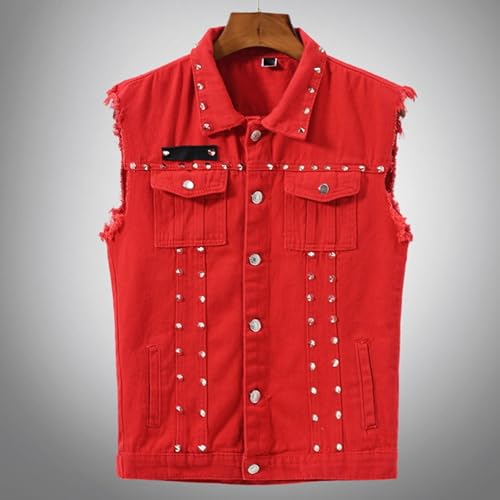 JEKE-DG Men's Sleeveless Fashion Punk Jean Vest Multi Pocket Casual Biker Denim Vest Button Down Red Lapel Jean Vests3
