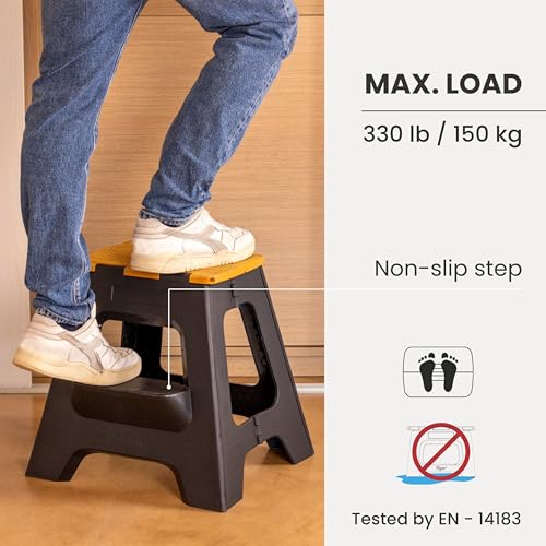 Image of Vigar Compact Folding Step Stool, 16 in 2 Step, Black Bamboo Print