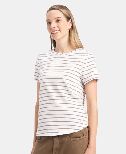 Image of Jockey A121 Women Super Combed Cotton Stripe Fabric Relaxed Fit Round Neck Half Sleeve T-Shirt with Curved Hem Styling