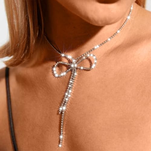 ACEDRE Rhinestone Bow Pendant Necklace Jewelry Silver Crystal Bowknot Choker Necklace Chain Dainty Tennis for Women3
