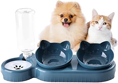 KitchenRaku 3 in 1 Cat Bowls with a Bowl Mat and Spoon, Double Raised Kitten Bowls for Wet and Dry Food Feeding & Gravity Water, Automatic Water Bottle and Tilted Pet Bowls Set for Cats Puppies