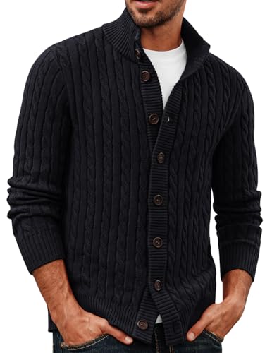PJ PAUL JONES Cardigan for Men Lightweight Sweater Button Up Texture Knitted Sweater Black