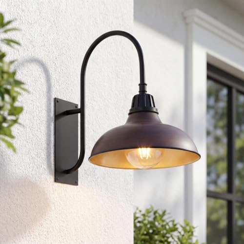 Image of JONATHAN Y 12.25 inch Wood Finish /Copper Farmhouse Gooseneck Outdoor Wall Sconce Lamp, with Black 1-Light Metal Bowl Shade, Industrial Iron LED Porch Light for Patio Garage Entryway (JYL7614G)