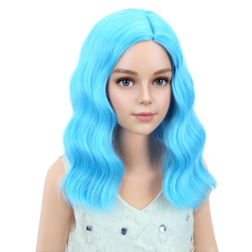 Image of PATTNIUM Kids Blue Wig Short Wavy Wig Light Blue Wig for Kids Cosplay Halloween Party Costume Heat Resistant Synthetic Wig for Girls (Light Blue)