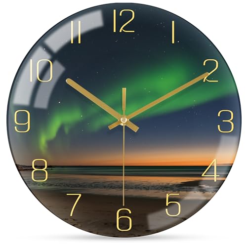 VIKMARI 8 Inch Modern Wall Clock, Aesthetic Black and Gold Decor Accessories, Unusual Silent Non Ticking Aurora Clocks for Living Room/Kitchen/Bedroom/Bathroom/Office (Glass)