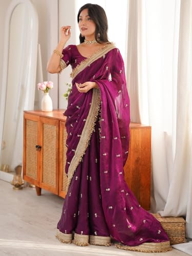 Image of AKHILAM Women's Shimmer Off White Georgette Sequence Embroidery Saree With Unstitched Blouse Piece