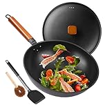 Wok Pan with Lid - 12.9" Nonstick Wok, Carbon Steel Woks & Stir-Fry Pans with Spatula, Flat Bottom Chinese Wok for Electric, Induction and Gas Stoves