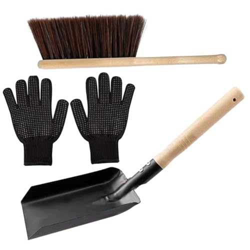 EXHUMKY Limpieza Chimenea con Cepillo Madera Natural y Pala Acero Carbono Guantes Silicona Resistentes para Estufas y Hogares de Leña