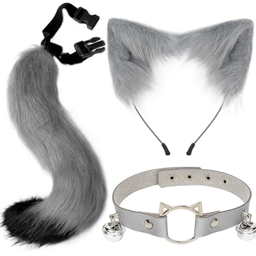ZDQC Kunstpelz Fuchsschwanz,Katze Flauschiger Schwanz und Leder Halskette Set,Flauschige Katzenohren,Flauschige Fuchs Accessoire,Halloween Party...