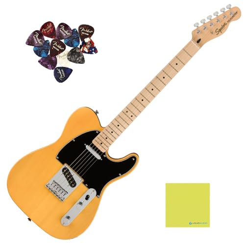 Fender Telecaster Guitar Squier Affinity Series, Maple Fingerboard, Butterscotch Blonde Bundle with 12x Fender Guitar Picks & Liquid Audio Instrument Polishing Cloth