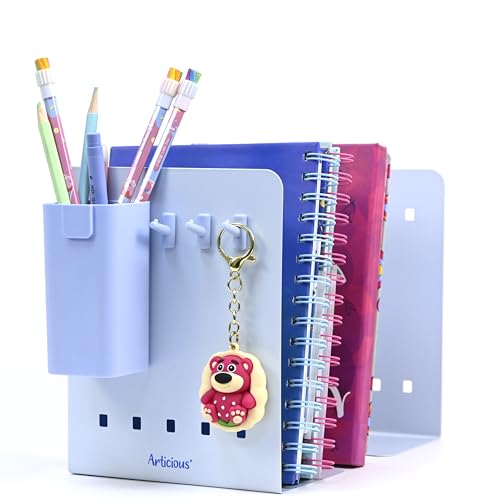 Image of Adjustable Bookend Organizer with Pen Holder | Expandable Desk Bookshelf for Office, Study, and Home | Book Rack Stand for Books, Files & Stationery (Extends Up to 17 Inches) - Blue
