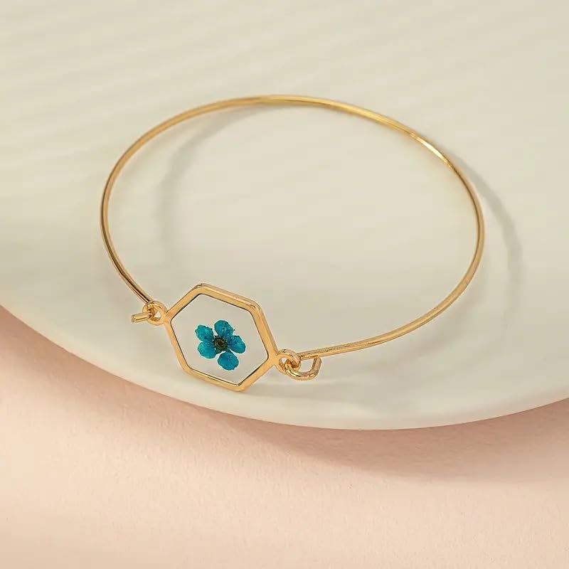 Isla & Wren Co. Pressed Flower Gold Bangle Cuff Bracelet, Gold-Tone Open Bangle, Dried Flower Accent - Metal 14K Jewelry Gift Quality Unique Blue Floral - Image 3