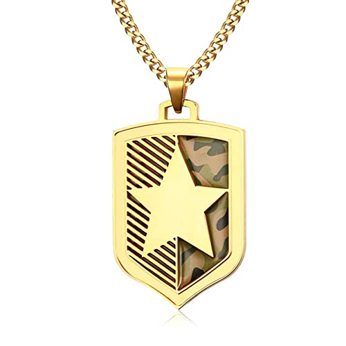 Collier homme acier inoxydable avec pendentif bouclier pentacle camouflage or