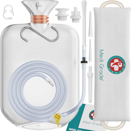 Medi Grade Enema Kit for Adults, 0.53 Gal Capacity - Transparent, Hands-Free with One-Way Valve, 4 Tips and Enema Bag - Enemas for Colon Cleanse for Women and Men - for Coffee Enema & Colon Cleansing