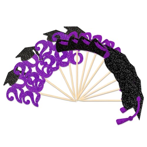 Image of Class of 2026 Glitter Graduation Cupcake Topper, Food /Appetizer Picks for Graduation Party (Purple)