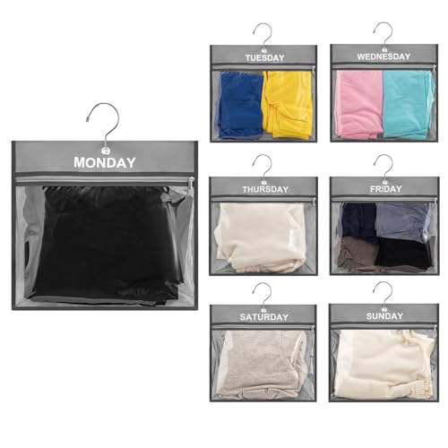 TEMUORG 7 Pcs Weekly Travel Organizer Pouches Day of Week Clothing Packing Cubes Monday to Sunday School Clothes Organizer for Kids (Grey)