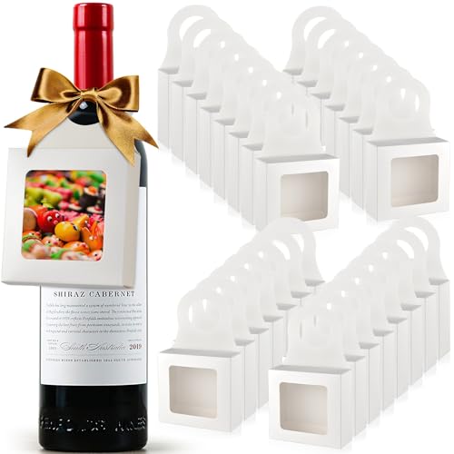 30 PCS Kraft Paper Wine Bottle Boxes with Transparent Window Hanger Foldable Wine Bottle Empty Gift Boxes with Hanger for Valentines Christmas Candy Truffles Chocolate Cookies Packing, White