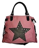 mit langer Tragegurt Star Bag Niet Vintage Stern Damen Tasche Fashion Shopper Henkeltasche Canvas Stoff mit Niete (Rosa)