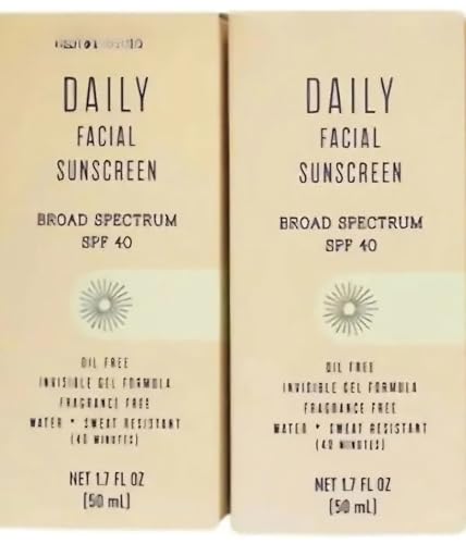 Daily Facial Sunscreen Broad Spectrum SPF40, oil free invisible, gel formula, fragrance free, water + Sweat Resistance (2 Pack)