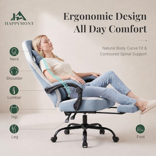 Image of Computer Gaming Chair - High Back Ergonomic Desk Chair with Footrest and Lumbar Support, Height Adjustable Task Chair with Linkage Armrests and Headrest, 360 Swivel Wheels, Blue