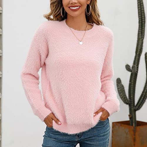 Womens Furry Pull Over Sweaters 2024 Warm Plus Size Sweaters Pullover for Women Knitted Loose Crew Neck Solid Fuzzy2