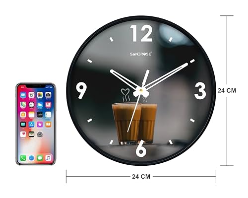 Image of SANDROSE Plastc Chai Tea Printed Analog Wall Clock for Living Room Stylish with Glass for Home, Clock for Bedroom Stylish, Hall, Kitchen, Office (Multicolour, 10 inch, 24 cm x 24 cm x 4.5 cm)