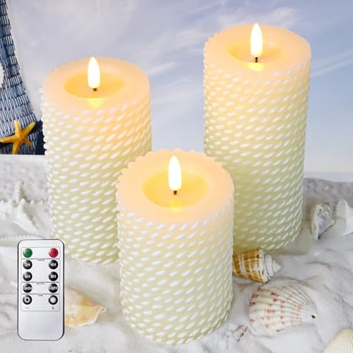 Image of Crystal Club White Flameless Candles,Corded Pattern Carving Battery Operated Candles with Remote Control LED Pillar Candles for Wedding Holiday Home Tabe Decor