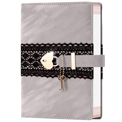 CAGIE Diary with Lock for Girls, Velvet Cover Locked Journal for Women A5 100 gsm, Girls Diary with Heart Shaped Lock and Keys 224 Pages, Lock Journal Gift Ideas for Women Teen Girls, Grey