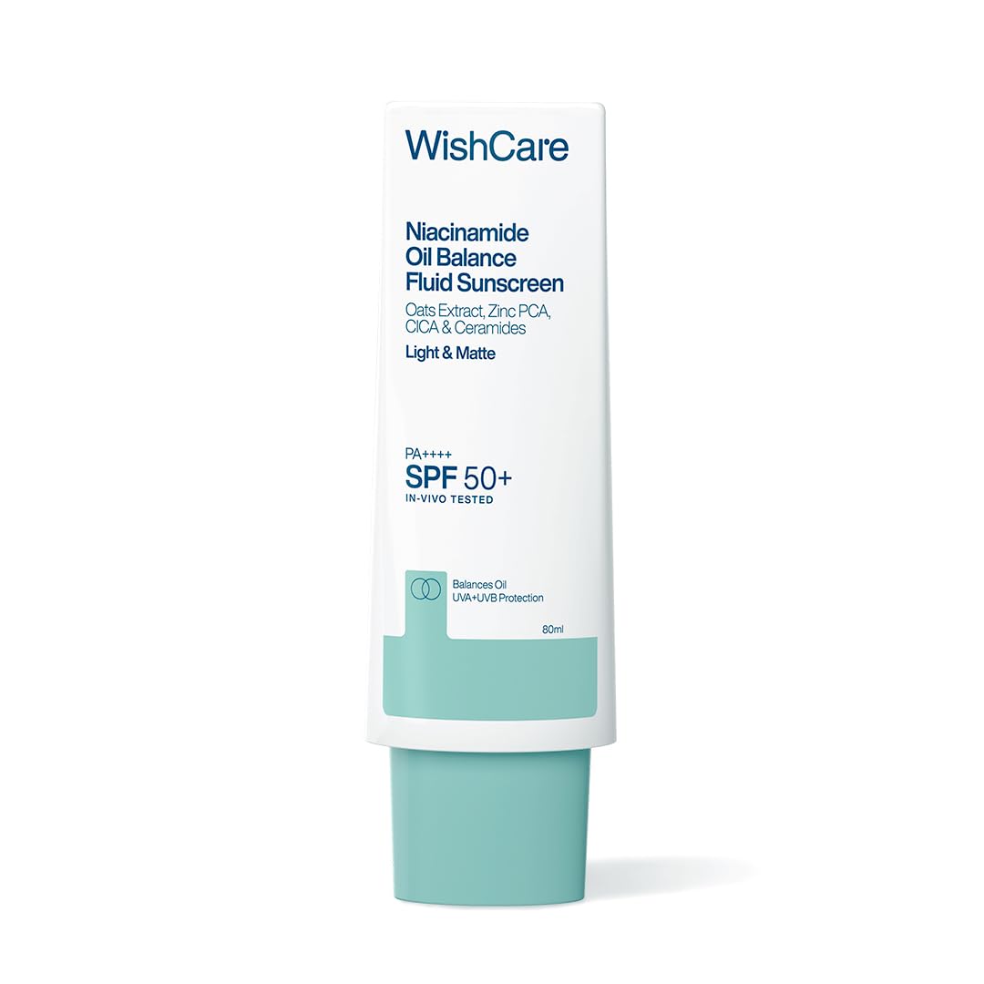 WishCare Niacinamide Oil Balance Fluid Sunscreen SPF 50 PA++++, 80ml | In-Vivo Tested, Lightweight & No White Cast, Photostable Sunscreen For Oily Skin with 8Hrs+ SPF Protection, For Women & Men