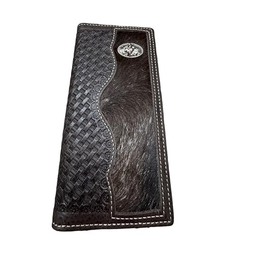 Men’s Long Leather Wallet – Basketweave Rodeo Bifold with Bull Rider Concho and Hair-On Cowhide Inlay – Cowboy Checkbook Wallet for Ranchers & Rodeo Fans