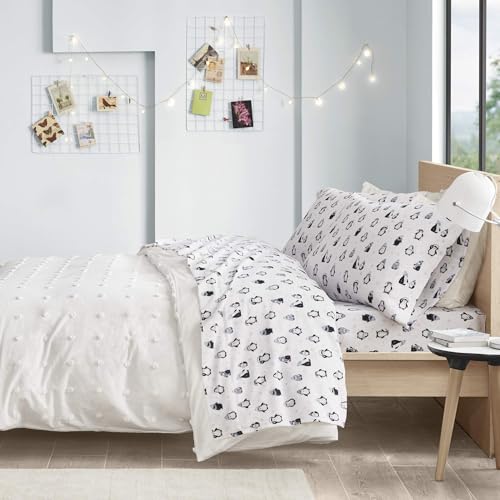Image of Intelligent Design Cozy Soft 100% Cotton Flannel Print Animals Stars Cute Warm, Ultra Soft Cold Weather Sheet Set Bedding, Twin, Blue Penguins 3 Piece