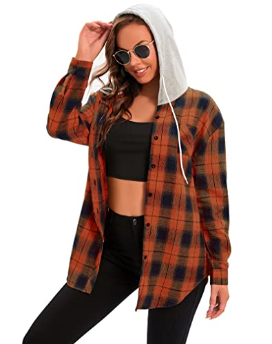 Womens Flannel Shirts Long Sleeve Oversized Boyfriend Shirts Button Down Plaid Hoodie Orange