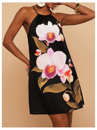Image of SweatyRocks Women's Tropical Print Halter Dresses Sleeveless Holiday Summer Mini Dress