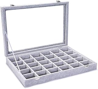 ECOSWAY High-grade Grey Velvet Jewellery Display Organiser Case with Clear Lid,Removable Compartment Earrings Rings Jewelry Storage Tray,Lockable Storage Jewellery Box (30 Grids)