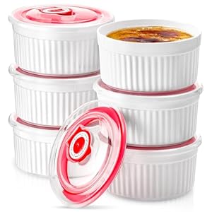 Mfacoy Ramekins with Lids Set of 6, 8 oz Porcelain Creme Brulee Souffle Ramekins with Covers, White Pudding Custard Cups Ramiken for Baking, Small Bowls for Sauces Dessert, Dishwasher and Oven Safe