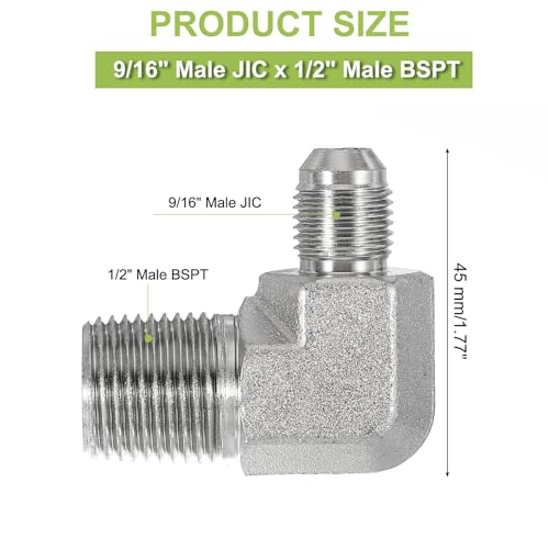 Image of PATIKIL 90 Degree Pipe Adapter, 9 /16 inch Male 37 Flare JIC x 1 /2 inch BSPT Male Connector Carbon Steel Elbow Fitting for Air Hydraulic Fluid Fuel Water Oil, Silver