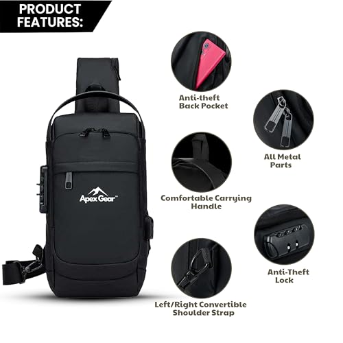 Image of Apex Gear Water-Resistant Anti-Theft Crossbody Bag with USB Charging Port, Stylish Sling Bag for Men Chest Shoulder Daypack for Travel & Daily Use - Black