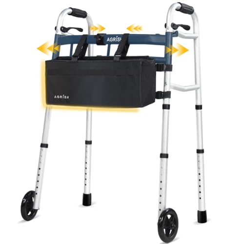 Agrish Narrow Walker for Small Spaces - Adjustable Height & Width, Lightweight Folding Mobility Walker with Wheels for Seniors & Disabled, Zimmer Frame with 2 Wheels, Supports 350 lbs