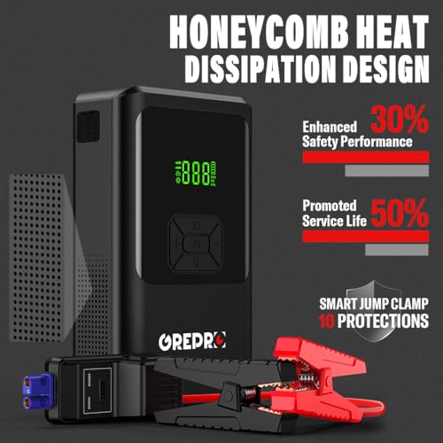 GREPRO 5-in-1 Jump Starter Power Pack, 3000A Car Jump Starter with Air Compressor for 12V Vehicle, Jump Pack and Jump Starter with Digital Display and LED Flashlight (Up to 10.0L Gas,8.0L Diesel) - Image 6