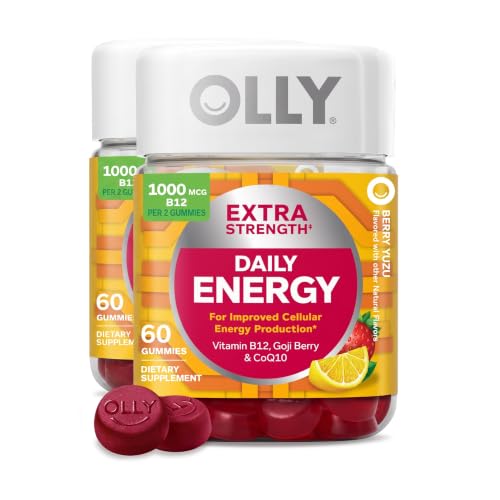 OLLY Extra Strength Daily Energy Gummy,Caffeine Free,1000mcg Vitamin B12,CoQ10,Goji Berry,Adult Chewable Supplement,Berry Yuzu Flavor -,60 Count (Pack of 2)