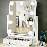 COLMERD Vanity Mirror with Lights with Drawer, Type-C and USB Charging Port, Hollywood Makeup Mirror with 9 LED Bulbs, 3 Colors Dimmable, Touch Control, Detachable 5X Magnification, Gifts for Women