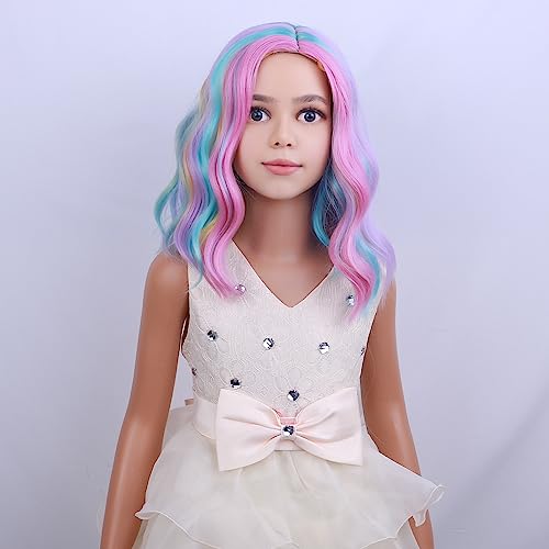 Image of PATTNIUM Kids Child Rainbow Wig Short Wavy Colorful Wig Multicolor Wigs Girls Synthetic Cosplay Halloween Party Costume Wigs