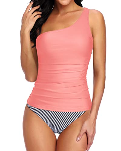Tempt Me Pink Striped Two Piece Swimsuits For Women Tummy Control Bathing Suit One Shoulder Tankini Top With Bikini Bottoms L #TOP14