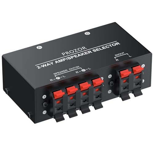 PROZOR Selector de Altavoces de 2 Zonas, Conmutador de Amplificador Pasivo, Caja de Conmutación para 1/2 Pares de Altavoces con Control Independiente, 150W RMS por Canal, Terminales Spring Clip, Negro