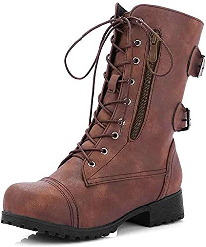ORANDESIGNE Bottes Femmes Bottes de Combat Militaires Bottes Plates à la Mode Bottines à Lacets Poche Zippée Automne Hiver Marron 43 EU