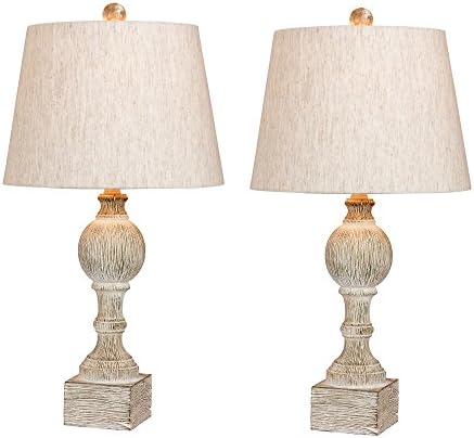 Cory Martin W-6239CAW-2PK Fangio Lighting's #6239CAW-2PK Pair of 26.5 in. Distressed, Sculpted Column Resin Table Lamps in a Cottage Antique White Finish, 2 Piece